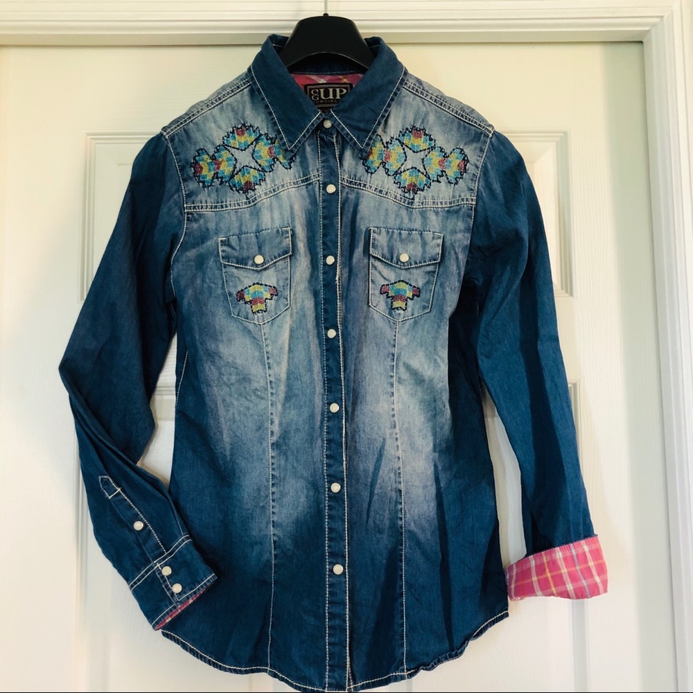 Vintage Inspired Denim Embroidered Blouse